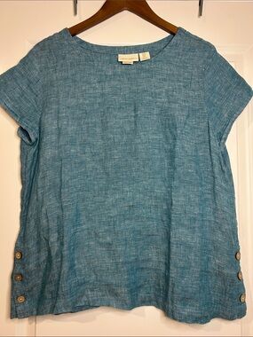 Cynthia Rowley 100% Linen Boxy Short Sleeve Top – Teal Blue – Size Medium